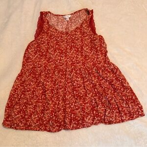 LC Lauren Conrad Red Floral Sleeveless Tank with Lace Trim